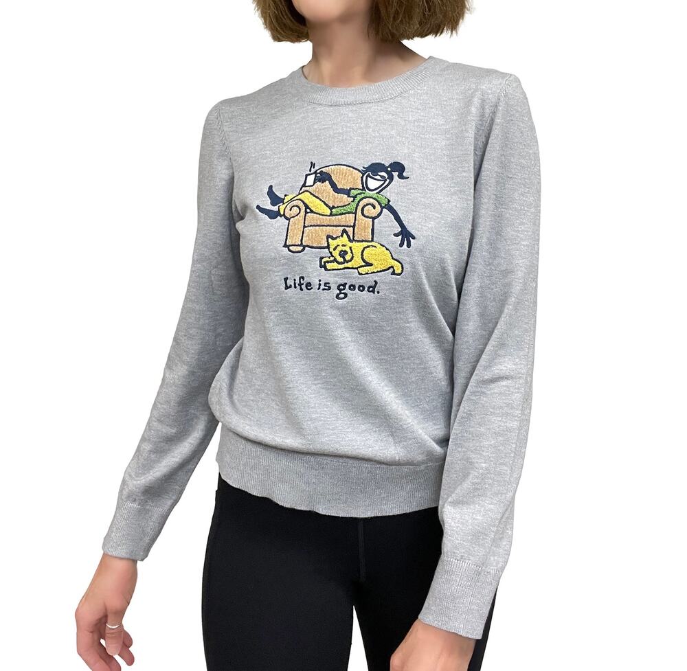 Life Is Good Crewneck Sweater Sz S New $63 Girl & Her Dog Gray Rayon Blend